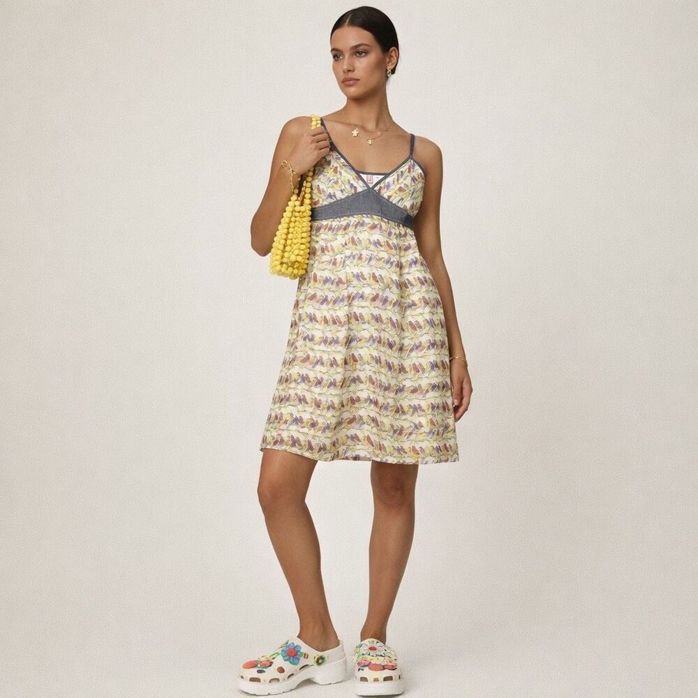 Parameter Silk Bird Print Slip Dress Size 2 | Chambray Bodice Lined Adjustable S